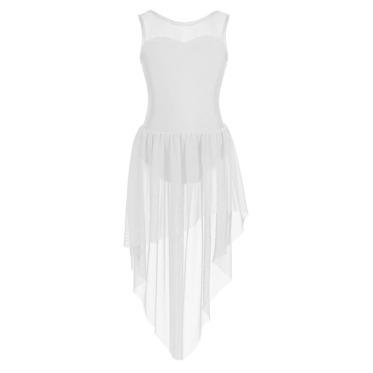 Kinder Ballett Tutu Tanz Trikot Kleid Ärmellos High-Low Saum Mädchen Gymnastik Trikot Bühnenkostüme 13-14 Years weiß