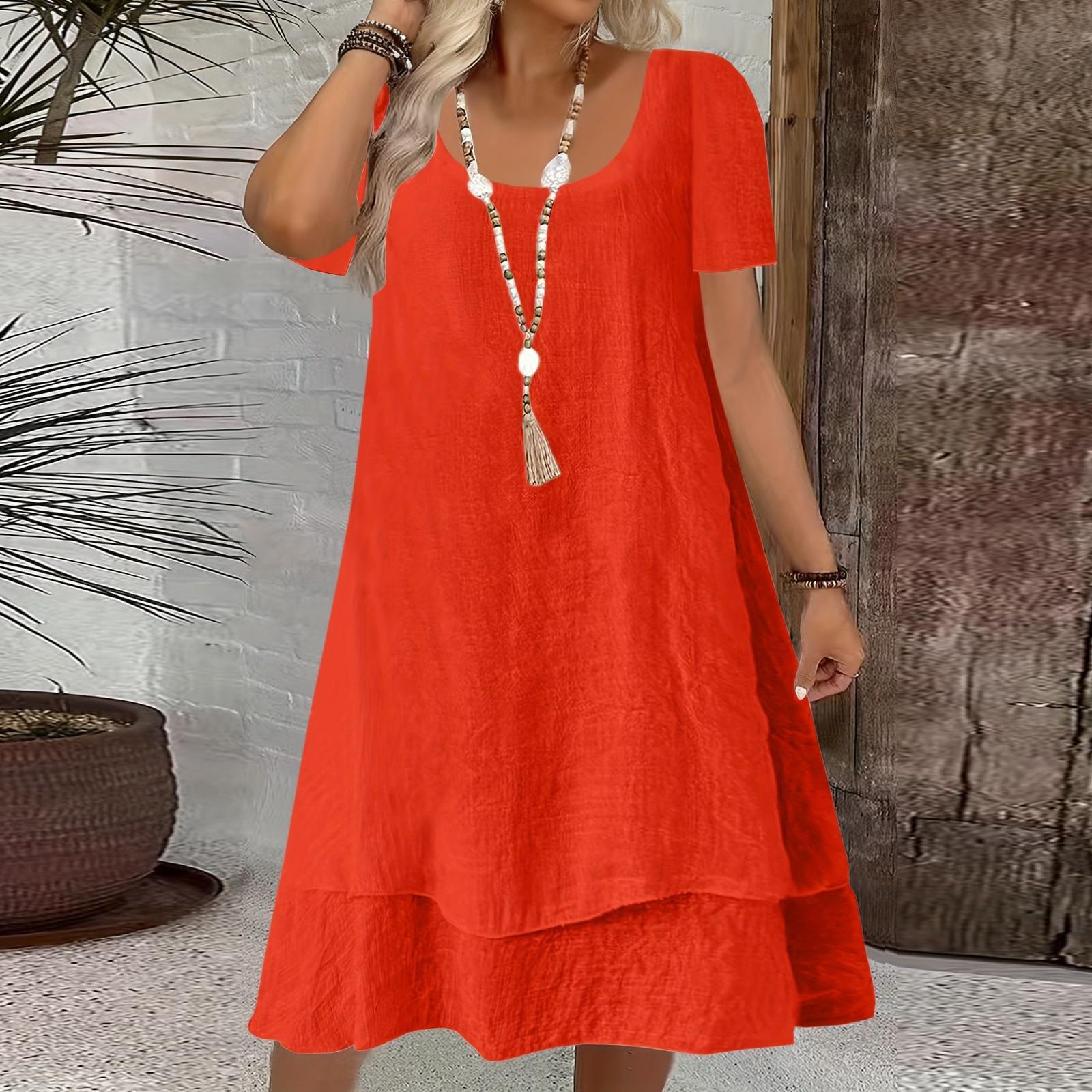 Damen Sommerkleider Kurzarm Rundhals Locker Sonnenkleider XXXL rot