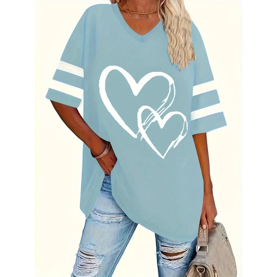 T-Shirt mit Herz-Print in Übergröße, lässiges Kurzarm-T-Shirt mit V-Ausschnitt, Damenkleidung in Übergröße 4XL