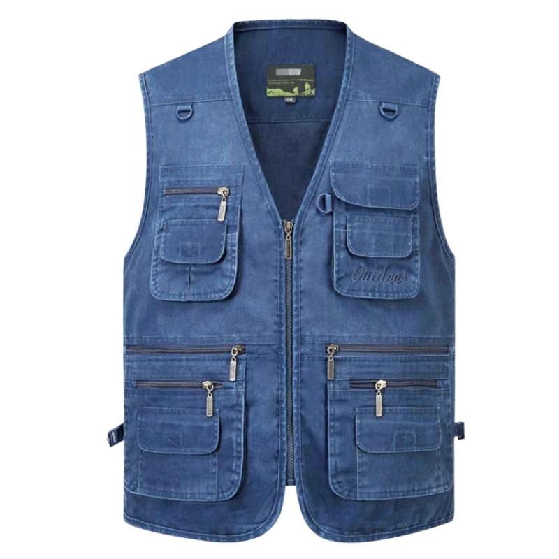 Herrenweste, lässiger Mantel, Frühling und Sommer, männliche Angelkleidung, lockere Baumwolle, mehrere Taschen, Reißverschluss, winddicht, Outdoor-Outwear-Mantel, ärmellose Jacke für Herren XL blau