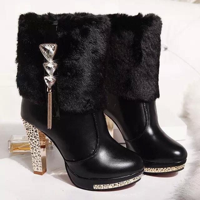 Pelz Frauen Stiefel Weibliche Dick mit High Heel Pelz Strass frauen Stiefel Schnee Stiefel Dame High Heels 41 coole schwarze