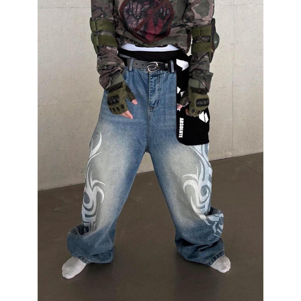 ZYLLO Y2K American Vintage Gesprenkelte Totem-Print Baggy Jeans Damen High Waist Wide Leg Jeans Damen Harajuku Trendy Hip-Hop Jeans XXXL