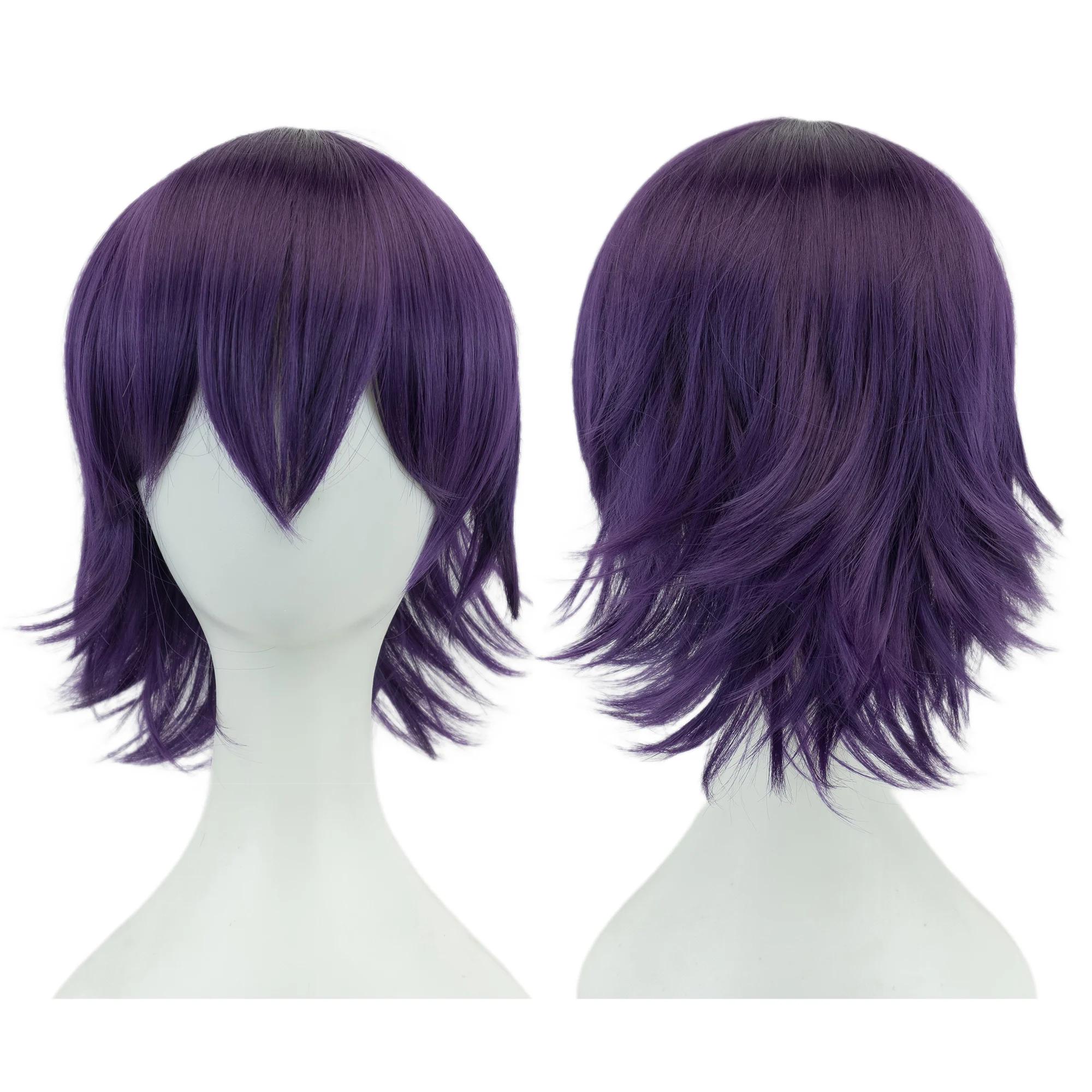 Synthetische Unisex 12 Zoll Kurze Cosplay Haare Party BOB Perücken mit Pony Rosa Blond Orange Halloween Kostüm Lolita Perücke Dark Purple-12inches