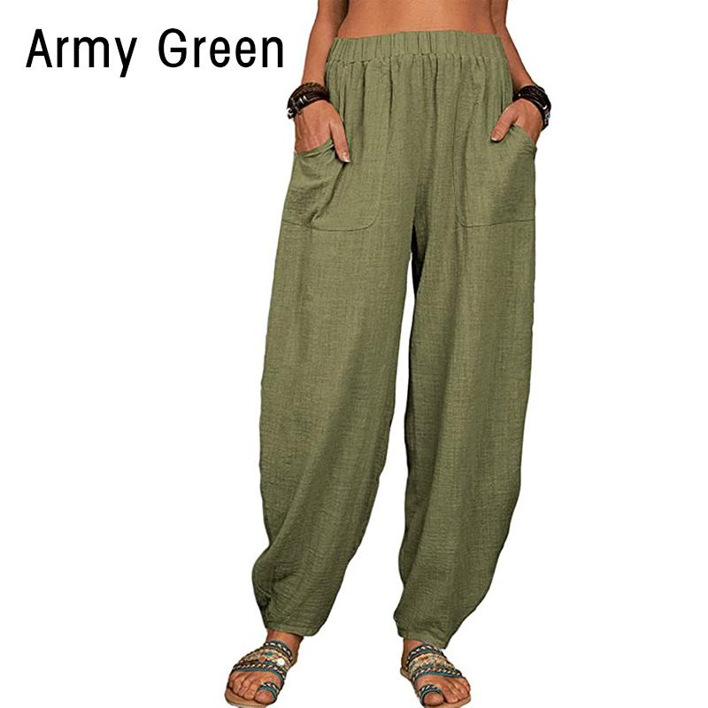 Frauen Vintage Harem Hosen Beiläufige Lose Feste Elastische Taille Baumwolle Leinen Breite Bein Hosen Sommer Unregelmäßige Hosen S armee grüne
