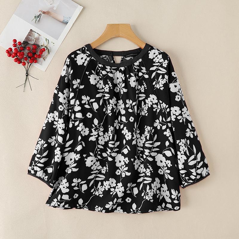 ZANZEA Damen Lässige Bluse mit Rundhalsausschnitt und 3/4-Ärmeln, lockere Bluse mit Blumenmuster 4XL schwarz