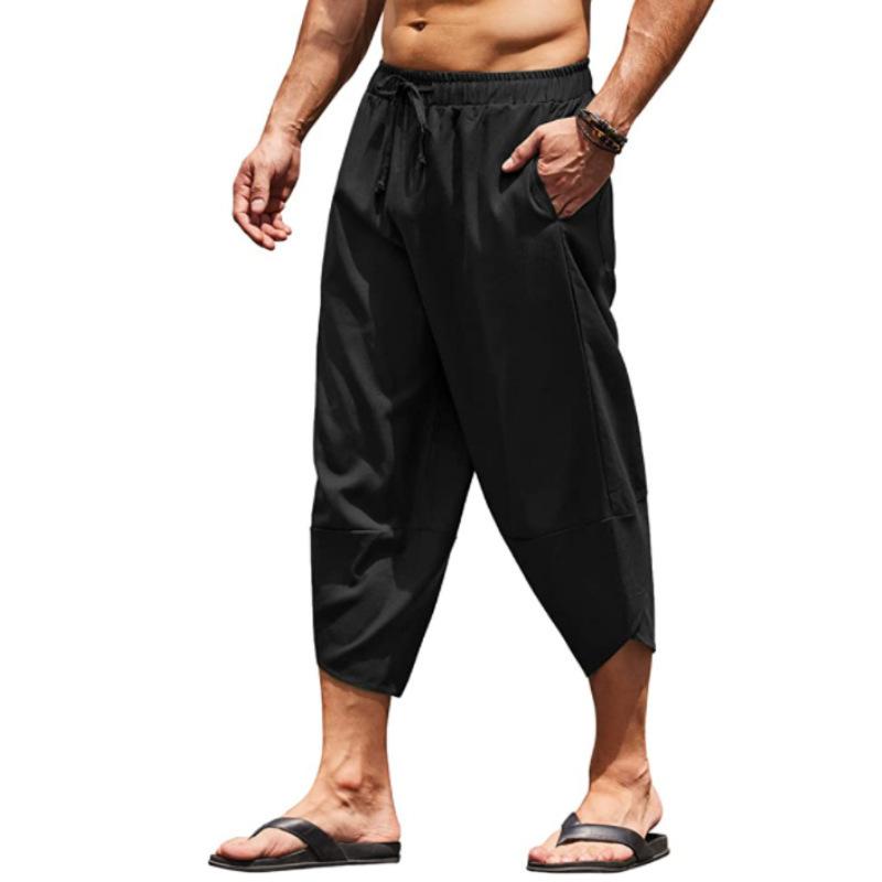 Herren Sommer Einfarbig Caprihosen Haremshorts Herren Elastischer Bund Kordelzug 3/4 Länge Cropped Hosen Baggy Jogginghosen M schwarz