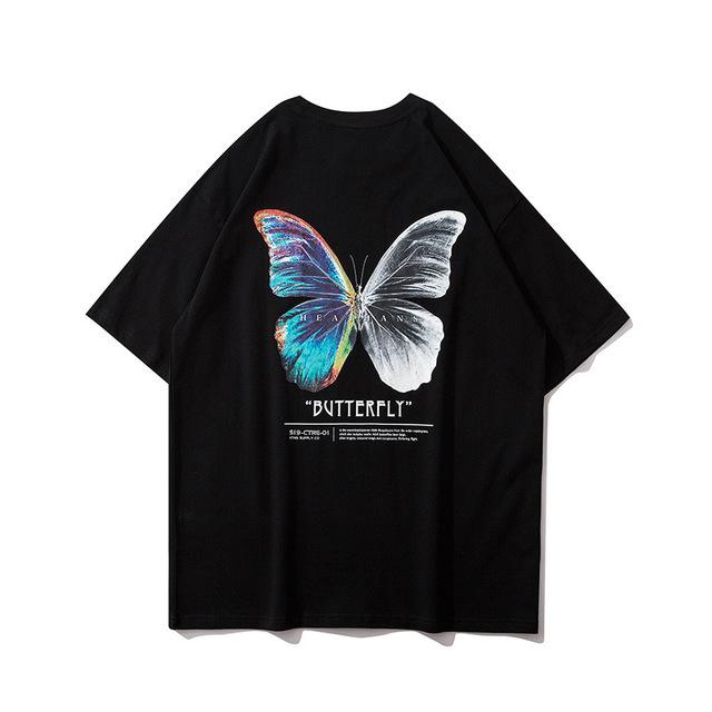 Hip Hop Oversize T Hemd Männer Streetwear Harajuku Farbe Schmetterling T-shirt Kurzarm Baumwolle Lose HipHop T-Shirt Plus Größe L schwarz