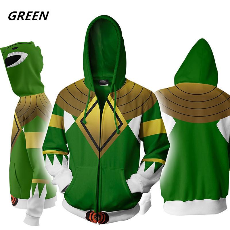 Herren Damen Sweatshirt Power Rangers Cosplay Hoodie Kostüm Superheld Cosplay Halloween Party Streetwear Oberteile 2XL grün