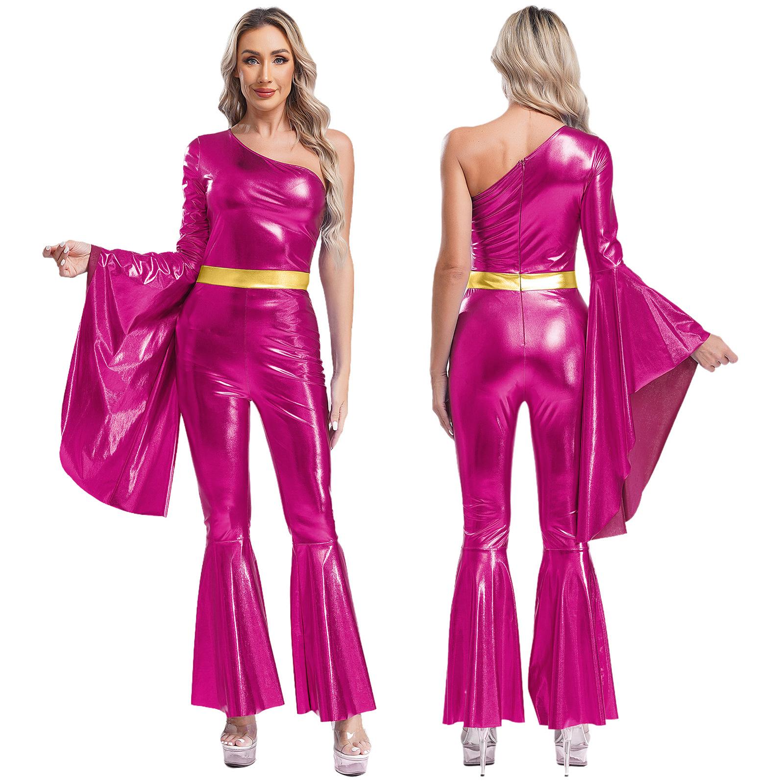 70er Jahre Disco Vintage Cosplay Kostüm Metallic Schlaghose Lange Hose Jumpsuit Schlaghose Jazz Dancewear Karneval Rave Party Kostüm 3XL heißes rosa