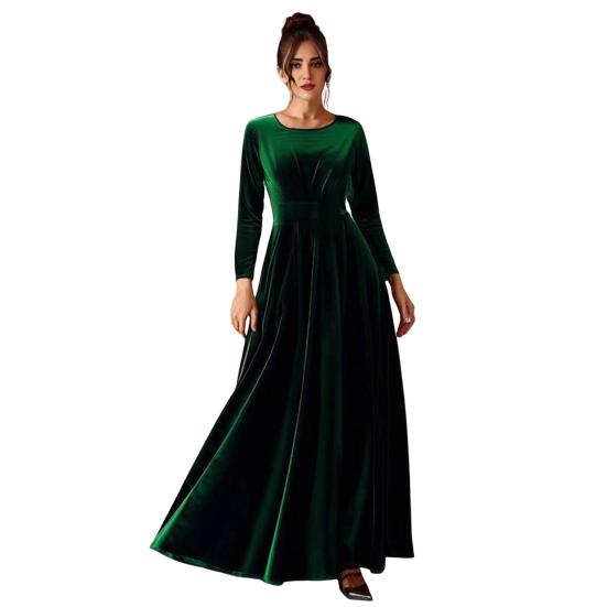 Damen Samt Maxi Kleid Lässig Rundhals Langarm A-Linien Swing Kleid Herbst Cocktailparty Formelles Kleid für Hochzeitsgast M grün