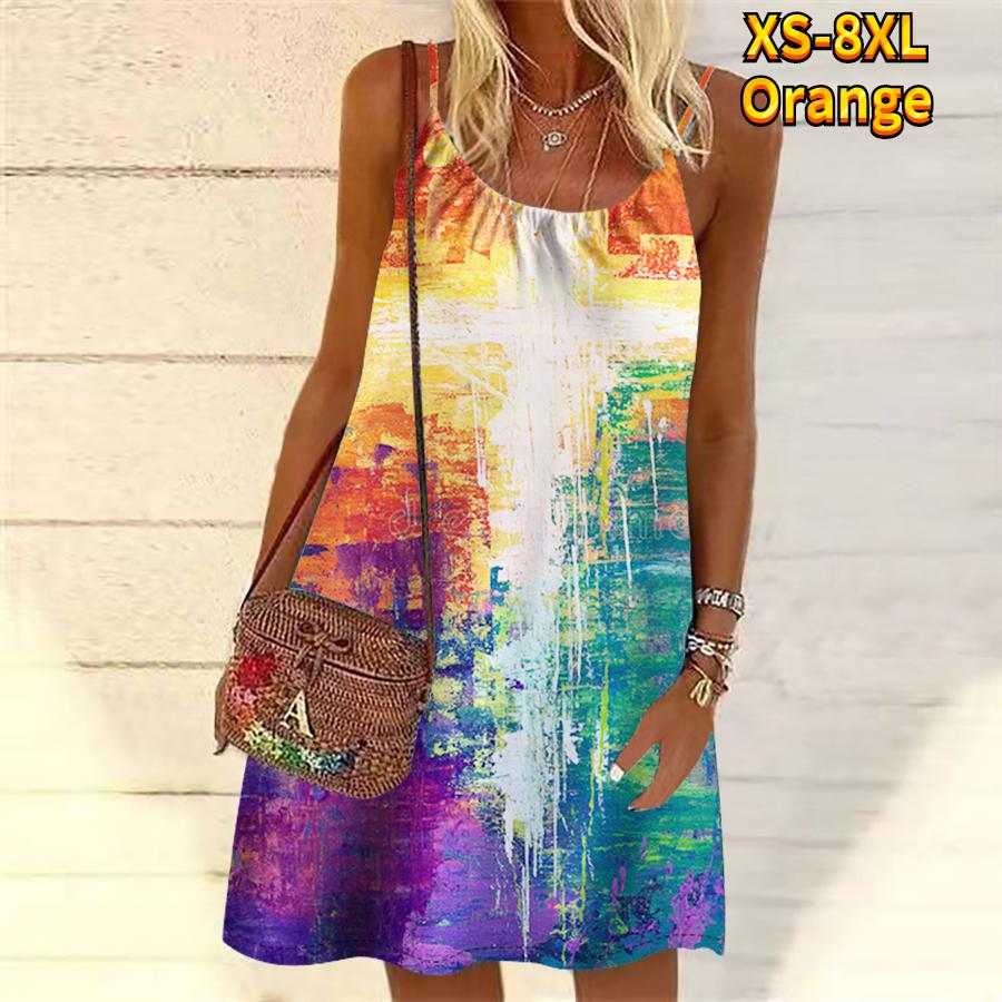 Frauen Blume Bunte Tinte Gedruckt Mini Kleid Ärmelloses Party Kleid Sommer Strand Kleid Sommerkleid 5XL orange