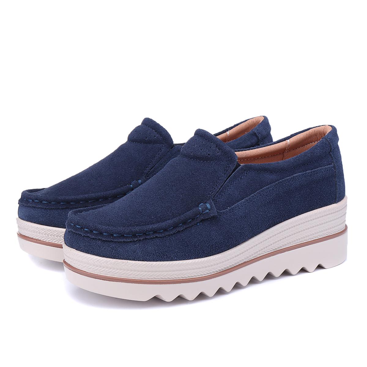 Frauen Mode Faul Schuhe Aus Echtem Leder Dicken Boden Slip Auf Schuhe Keil Plattform Schuhe Damen Schuh 40 dunkelblaue