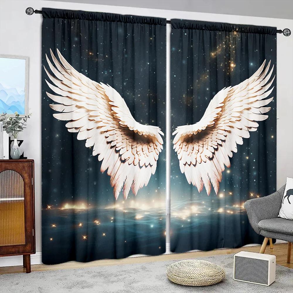 2 Stück Vorhang mit Engelsflügel-Druck für Heimdekoration - Stangentasche Fensterdekoration für Schlafzimmer, Büro, Küche, Wohnzimmer und Arbeitszimmer 52.5cmX116cmX2pcs white