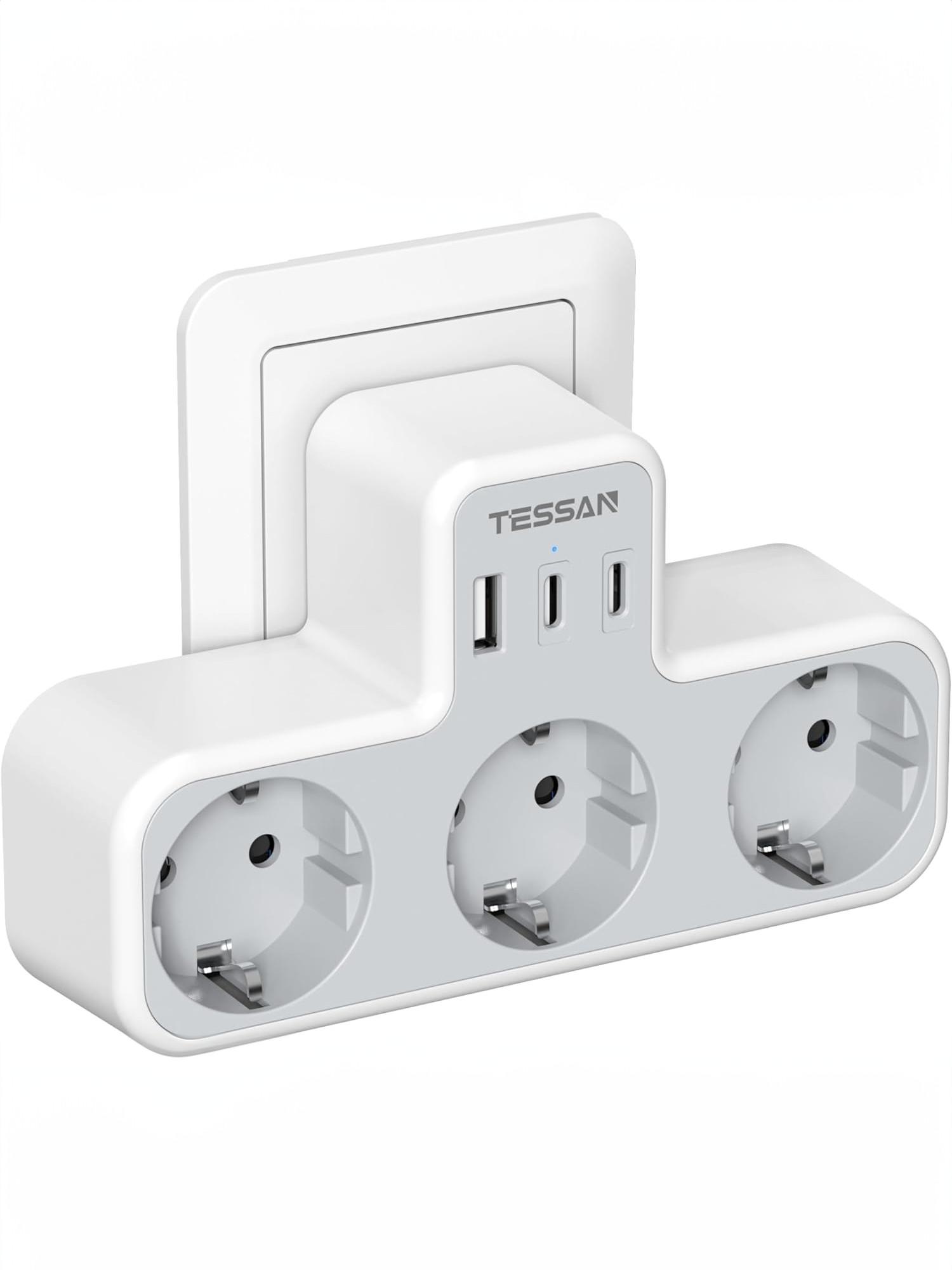 TESSAN Schwarze Mehrfachsteckdose mit 3 AC-Steckdosen und 2 USB 1 Typ C-Anschlüssen, 6-in-1-USB-Adapter mit Überlastschutz für Smartphone, Tablet 3 Outlets 1 USB A 2 Type C graue