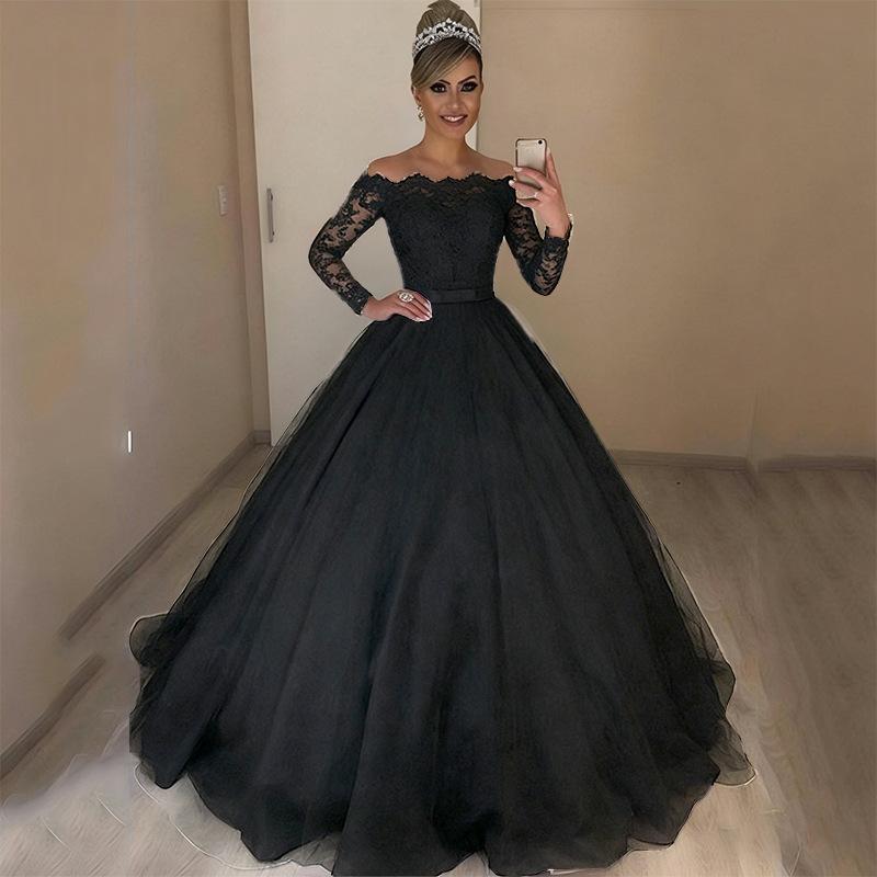 1011 Europäisches und amerikanisches One-Shoulder V-Ausschnitt figurbetontes Mode flauschiges Schleppen Brautkleid Spitze Spitze Rock M schwarz