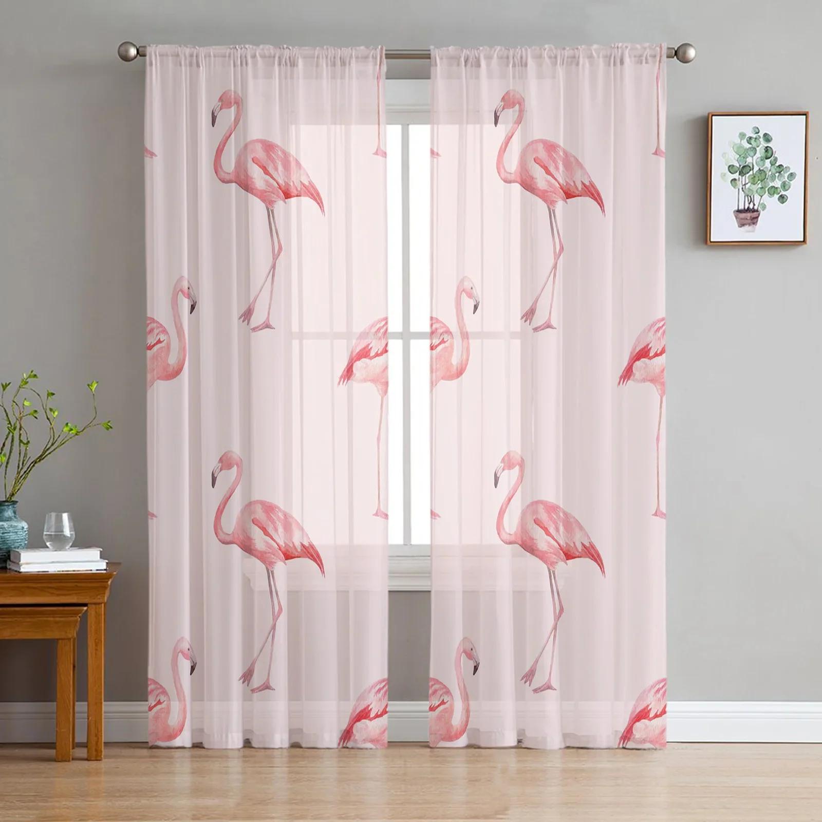 Nordic Stil Rosa Flamingo Sheer Vorhänge Wohnzimmer Fenster Tüll Vorhänge Für Schlafzimmer Küche Home Dekoration Voile Vorhänge W135 x H160cm x1&Grommet Top white