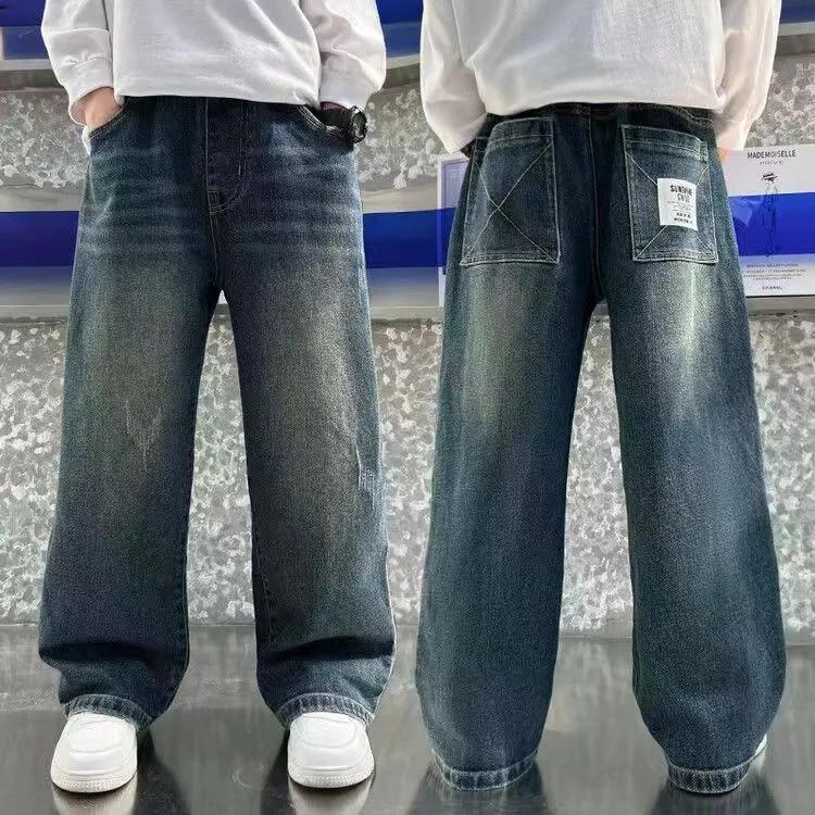 Kinder Jungen Jeanshose mit elastischer Taille Kinderkleidung Lockere lässige Jungen Freizeitmode Frühlingstrend Lange Hose 150cm blau