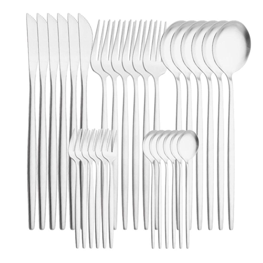 30 Stücke Mattschwarz Silber Geschirr Set Edelstahl Messer Kuchen Gabel Tee Löffel Besteck Besteck Set Küche Geschirr Set silber