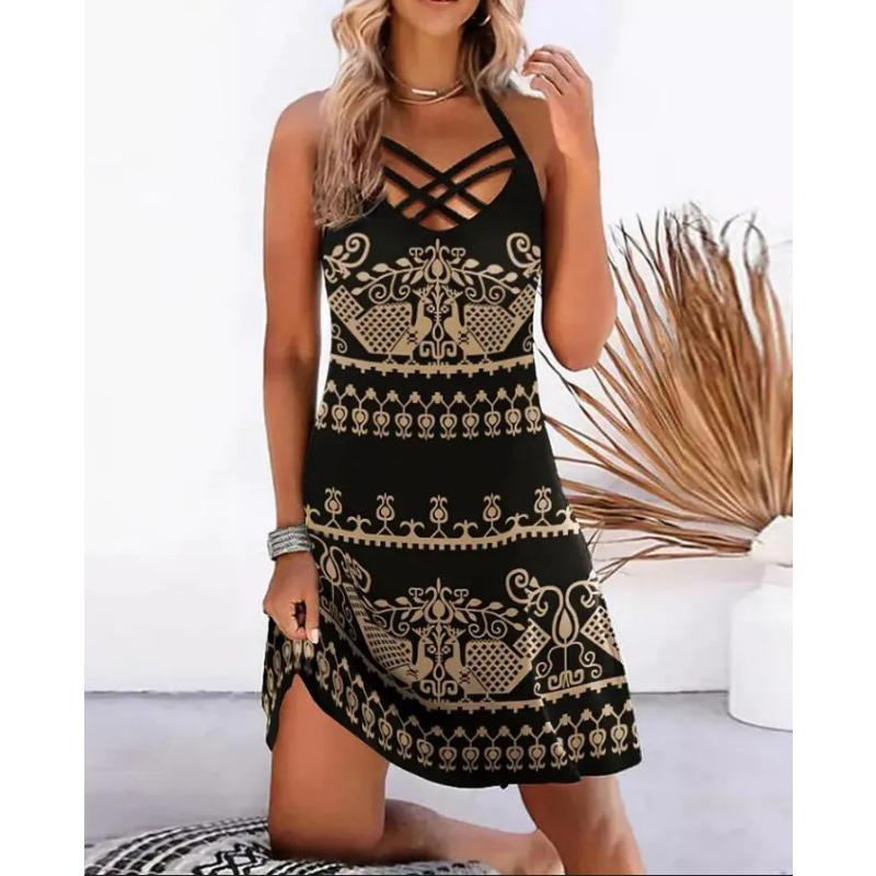 Damen A-Linien-Kleid, Sommer, Vintage-Druck, hängender Hals, leckender Rücken, ärmellose Kleider L khaki