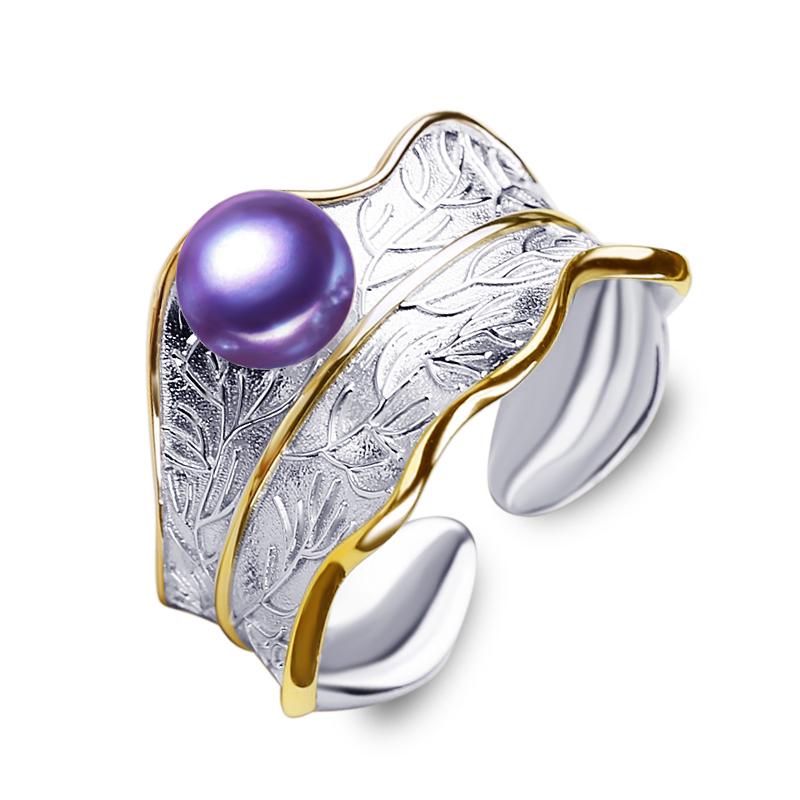 LSOOYH 925 Sterling Silber Ring Natürliche Süßwasser Perle Ringe Für Frauen Silber und Gold Farbe Benutzerdefinierte Weibliche Ring Edlen Schmuck perle/violett
