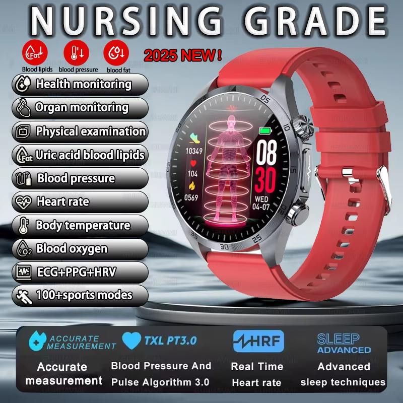 2025 Neue Pulstherapie Smartwatch EKG Harnsäure Blutsauerstoff Herzfrequenz BP CES Schlafgesundheitsmonitor Herren Smartwatch für HUAWEI Red-Silicone