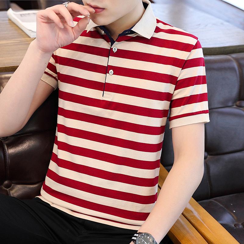 Sommer Neue Herren Kurzarm T-Shirt Gestreift Reine Baumwolle Dünne Business Revers Herren Polo Shirt Herren Stil 2XL rot