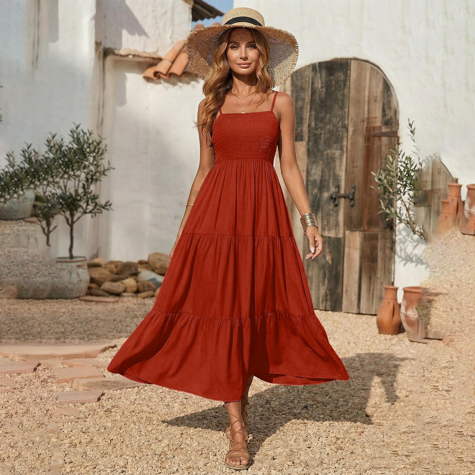 Sommerkleider für Damen UK Ärmelloses Stufen-Maxikleid Lässige Fließende Kleider für Damen UK Karree-Ausschnitt Damenkleider XXXL kaffeebraun