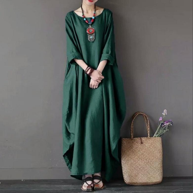 Damen Leinen Baumwolle Kaftan Fledermausärmel Locker Weit Lang Maxi Hemdkleid Roben Oberteil Mode 3/4 Ärmel Übergröße Rundhalsausschnitt Kleid L grün