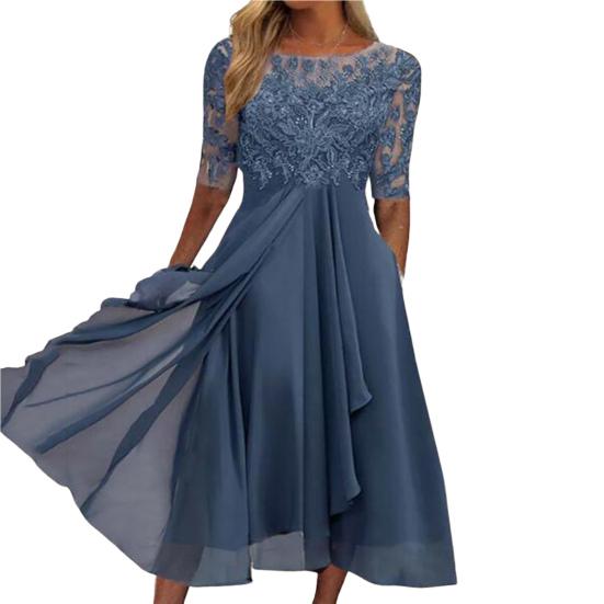 O-Ausschnitt Halb Elegent Beauty Lady Kleid Flowy Saum Brautjungfer Chiffon Patchwork Kleid Elegante Häkelspitze Ärmel Unregelmäßiges Gast Midi Kleid S blau