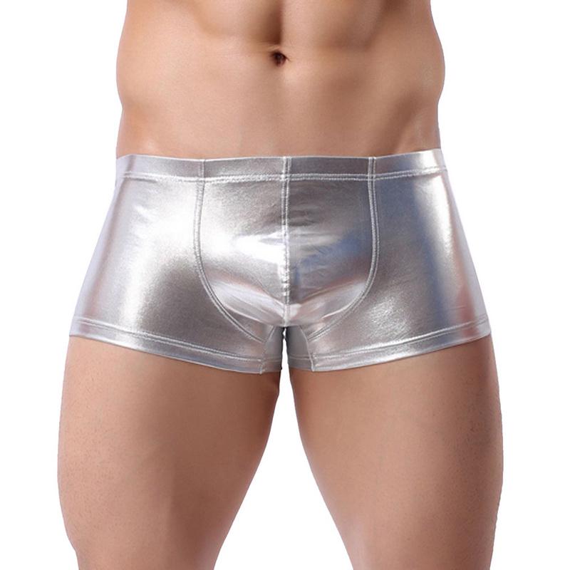 Mode Herren Kunstleder Slips Lackleder Sexy Unterwäsche Höschen U Konvexe Tasche Boxer Unterwäsche Slim Fit Boxer Unterhose L silber