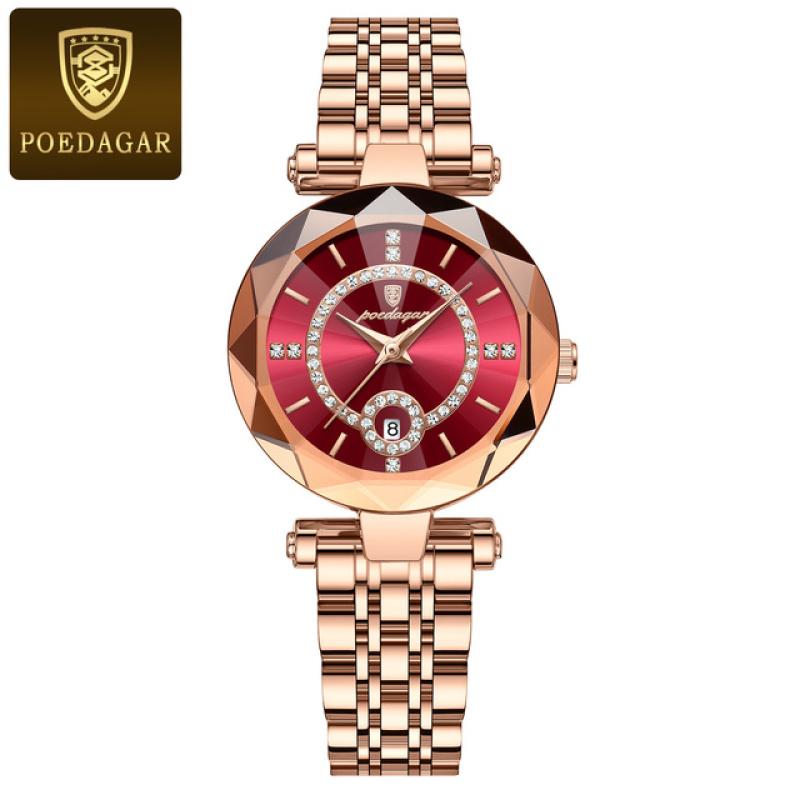 Neue Uhr für Damen, Luxus-Schmuck-Design, Roségold, Stahl, Quarz-Armbanduhren, wasserdicht, modische Damenuhren rot