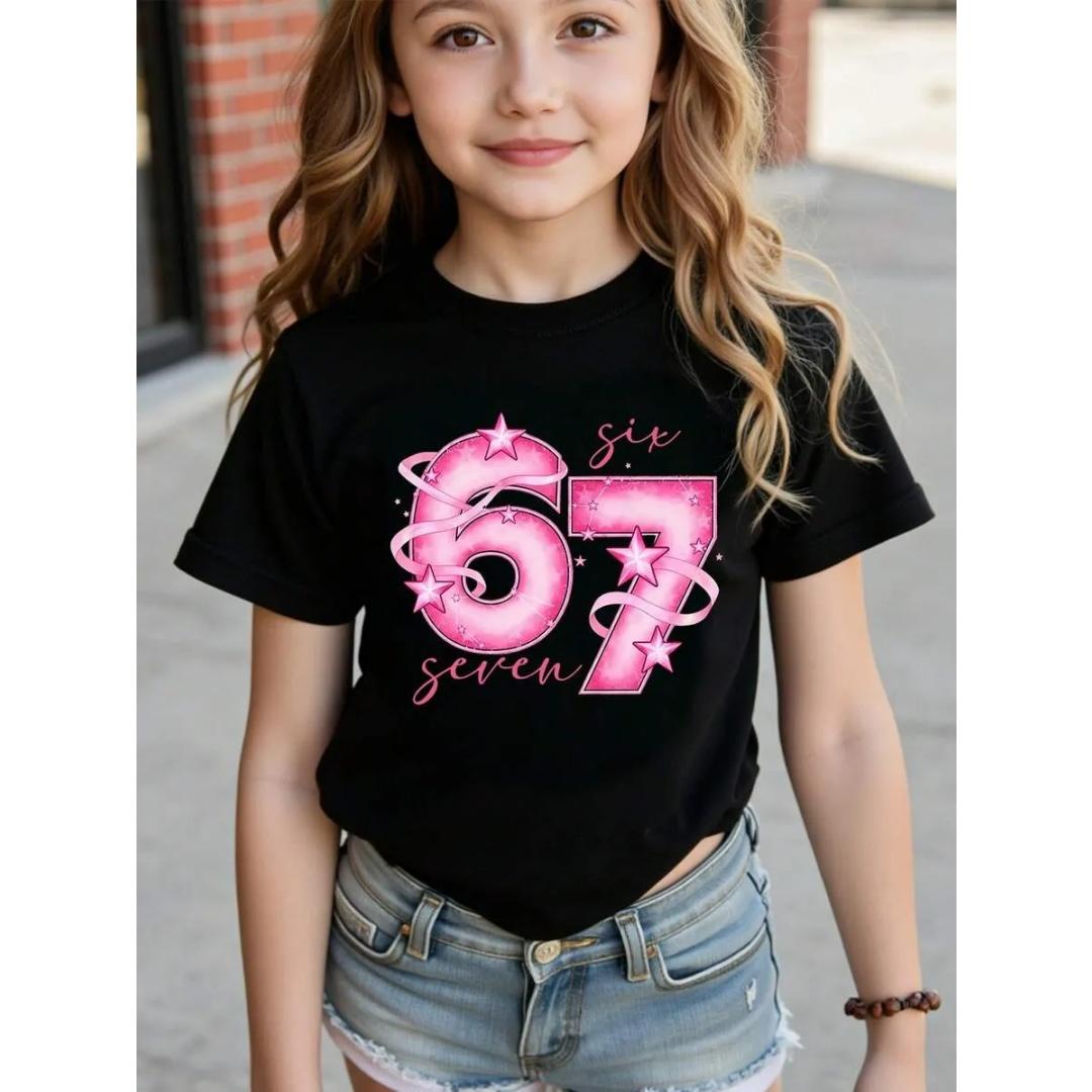 Neue Mode Mädchen T-Shirt Kleidung Süß Rosa Streifen Stern Nummer 67 3D Druck Speziell Entworfen Kurzarm Kinderkleidung Mädchen Oberteile 120 gray