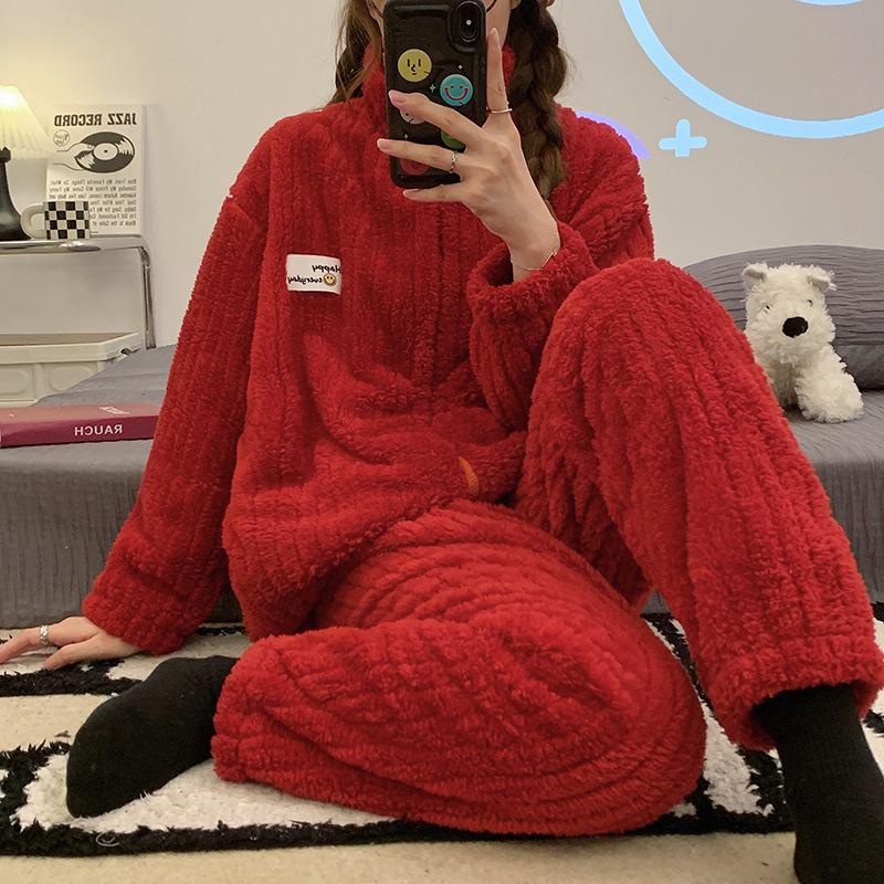 Damen Fleece-Pyjama-Set Winter Langarm Damen Pyjama 2-teiliges Set mit Hose Einfarbig Reißverschluss Pyjama-Set Damen-Hauskleidung M