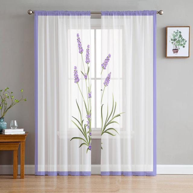 Lila Lavendel Grüne Blätter Pflanzenfeld Fenster Tüll Vorhänge Für Wohnzimmer Schlafzimmer Hotel Luxus Dekoration Gardinen 135W x 114H(cm)