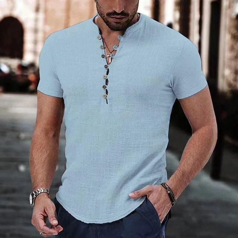 Neues Herren Kurzarm T-Shirt Knopf Baumwolle Leinenhemd Herren Freizeitkleidung Beliebte Oberteile für Herren US XXXL himmelblaue
