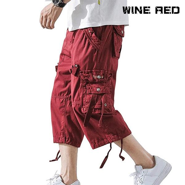 2021 sommer Herren Casual Cargo Kurze Hosen 3/4 Lose Fit Unten Knie Capri Cargo Hosen Baumwolle 40 rot