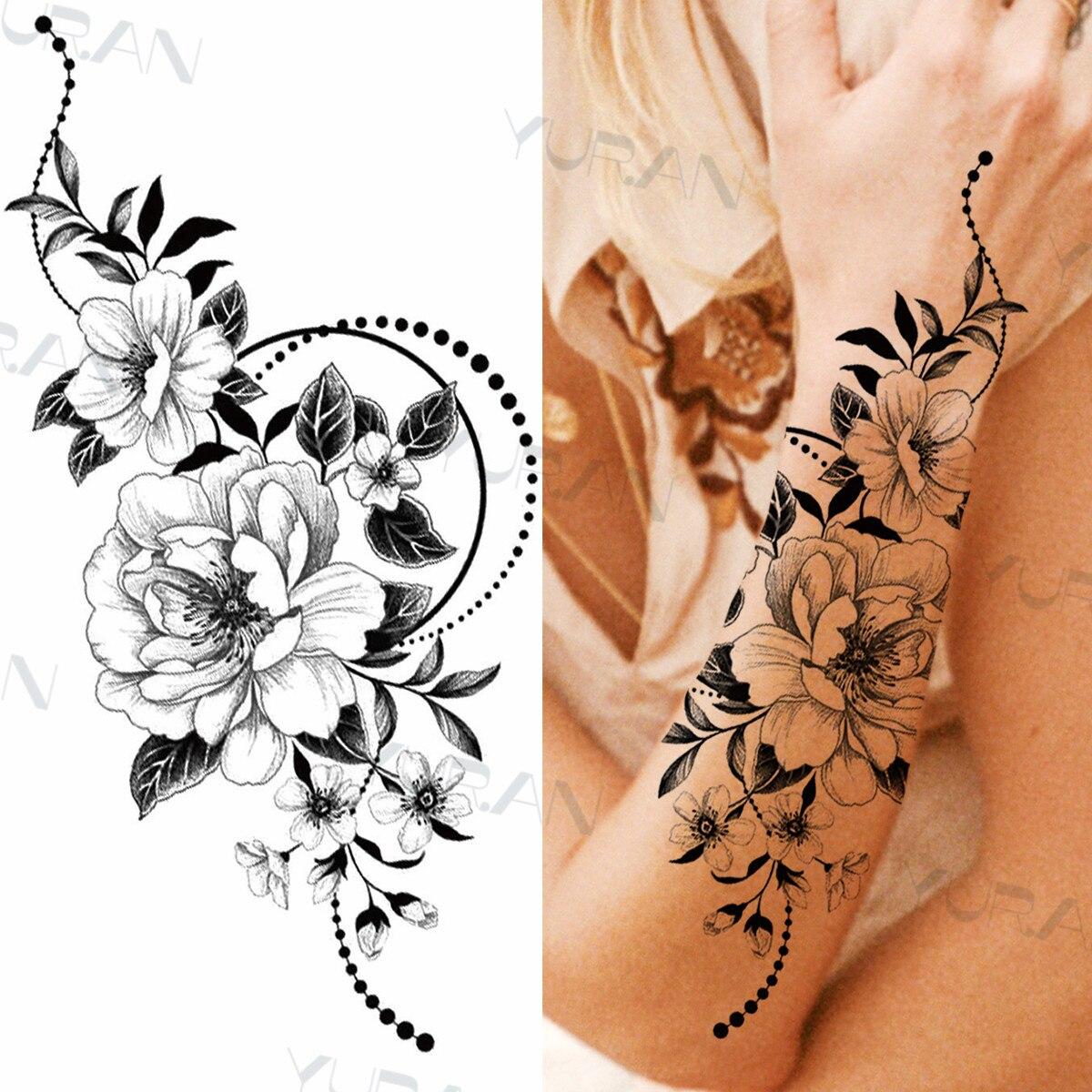 Spitze Schmetterling Rose Temporäre Tattoo Für Frauen Erwachsene Henna Elefant Anhänger Mond Blume Gefälschte Tatoo Wasserdicht Arm Tattoo Aufkleber