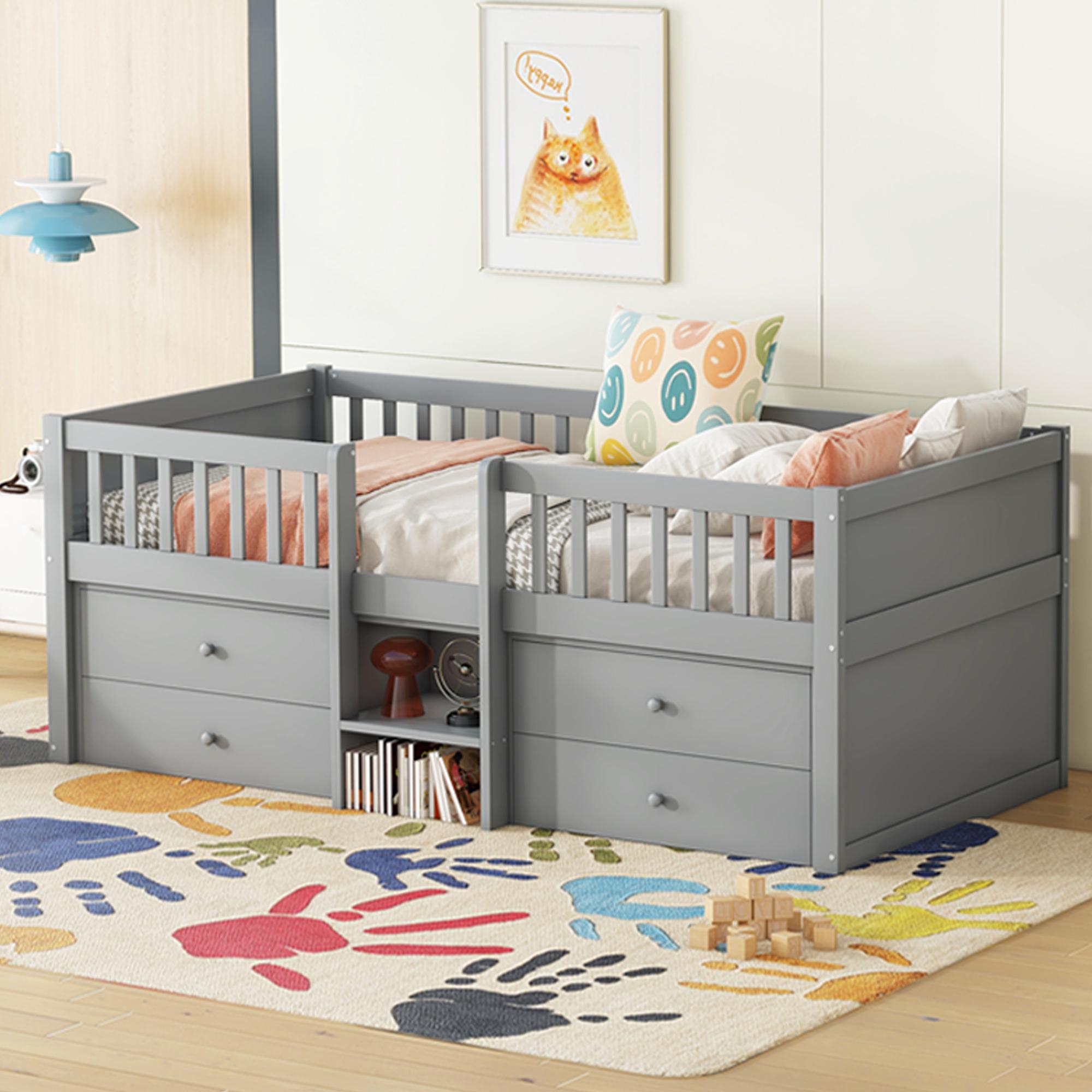 Kinderbett 90x200 cm mit Stauraum, Holzbett mit Lattenrost & 4 Schubladen, Jugendbett mit Leiter und Rausfallschutz - Kiefer massivholz, ohne Matratze 204x99.5x80.5 cm dunkelgraue