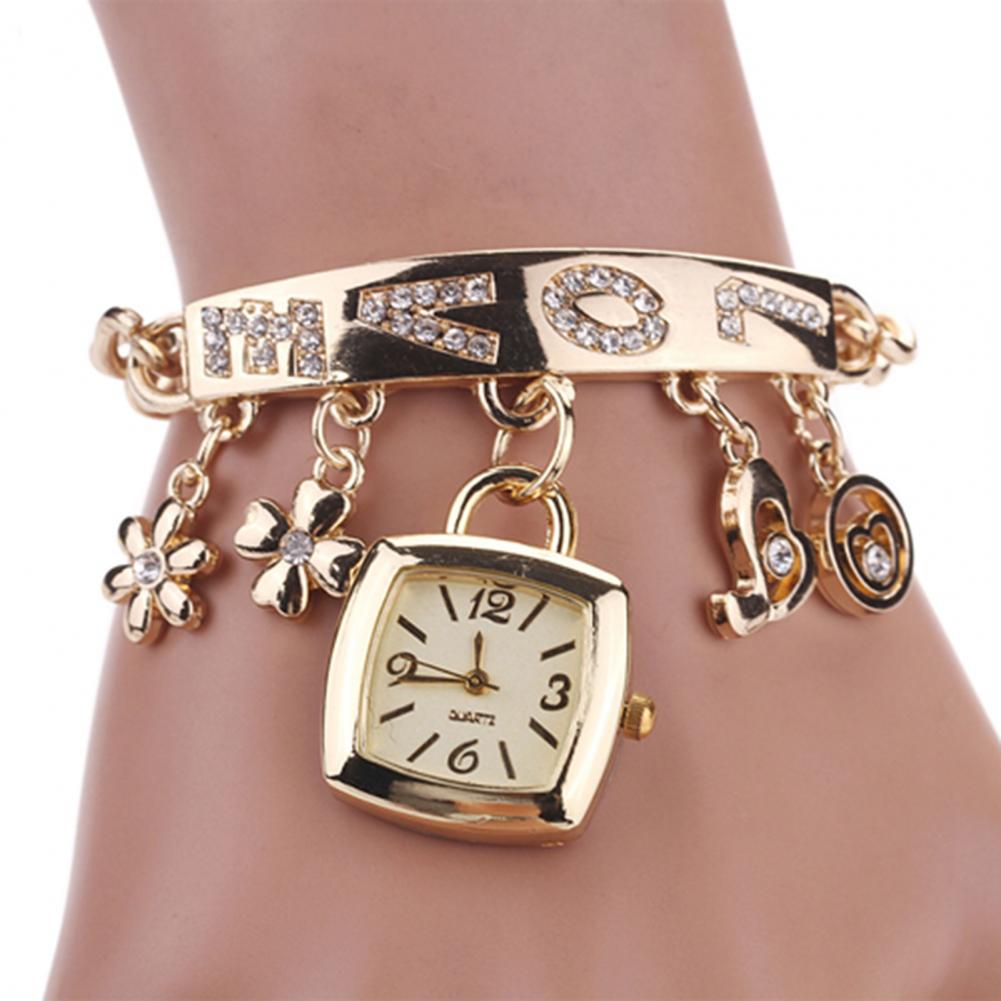 Armband-Armbanduhr, Strass-Blumen-Herz-Liebes-Stil, Edelstahl, stilvolle Quarz-Armbanduhr für den täglichen Gebrauch, Zegarek Damski goldgelb