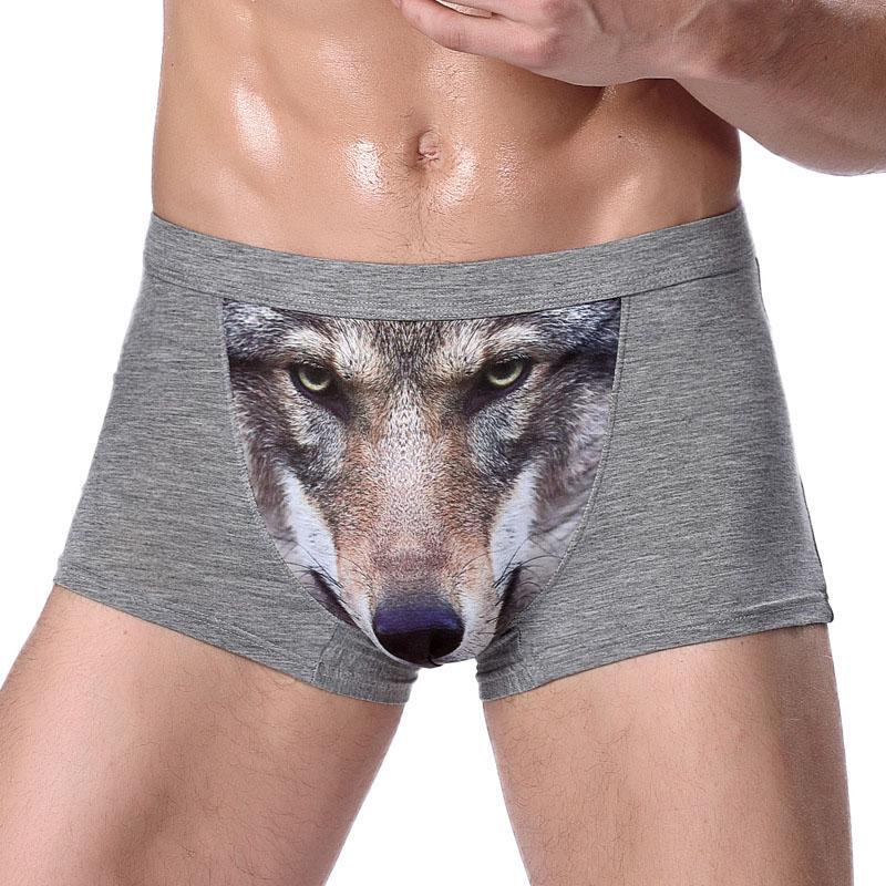 Herrenunterwäsche, modische 3D-Wolfskopf-bedruckte Slips, Unterhosen, lustige Adler-gemusterte Boxershorts Wolf Head-L grau