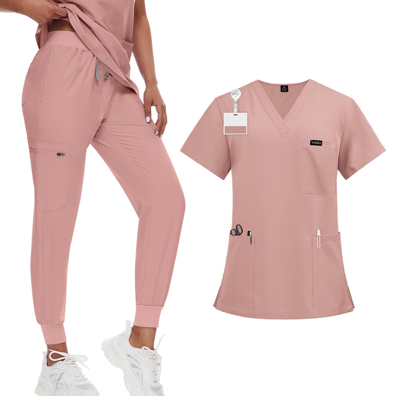 Damen Zwei-Teiler Kasack-Set mit V-Ausschnitt Kurzarm-Oberteil und Jogginghose für Medizinische Uniformen Gesundheitswesen Arbeitskleidung S rosa