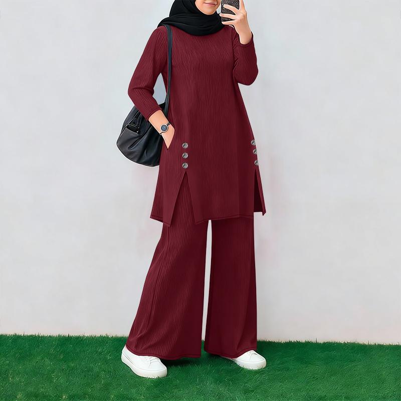 ZANZEA Damen Langarm-Bluse und Hose Muslimische Lässige Zweiteilige Anzugsets XL brown