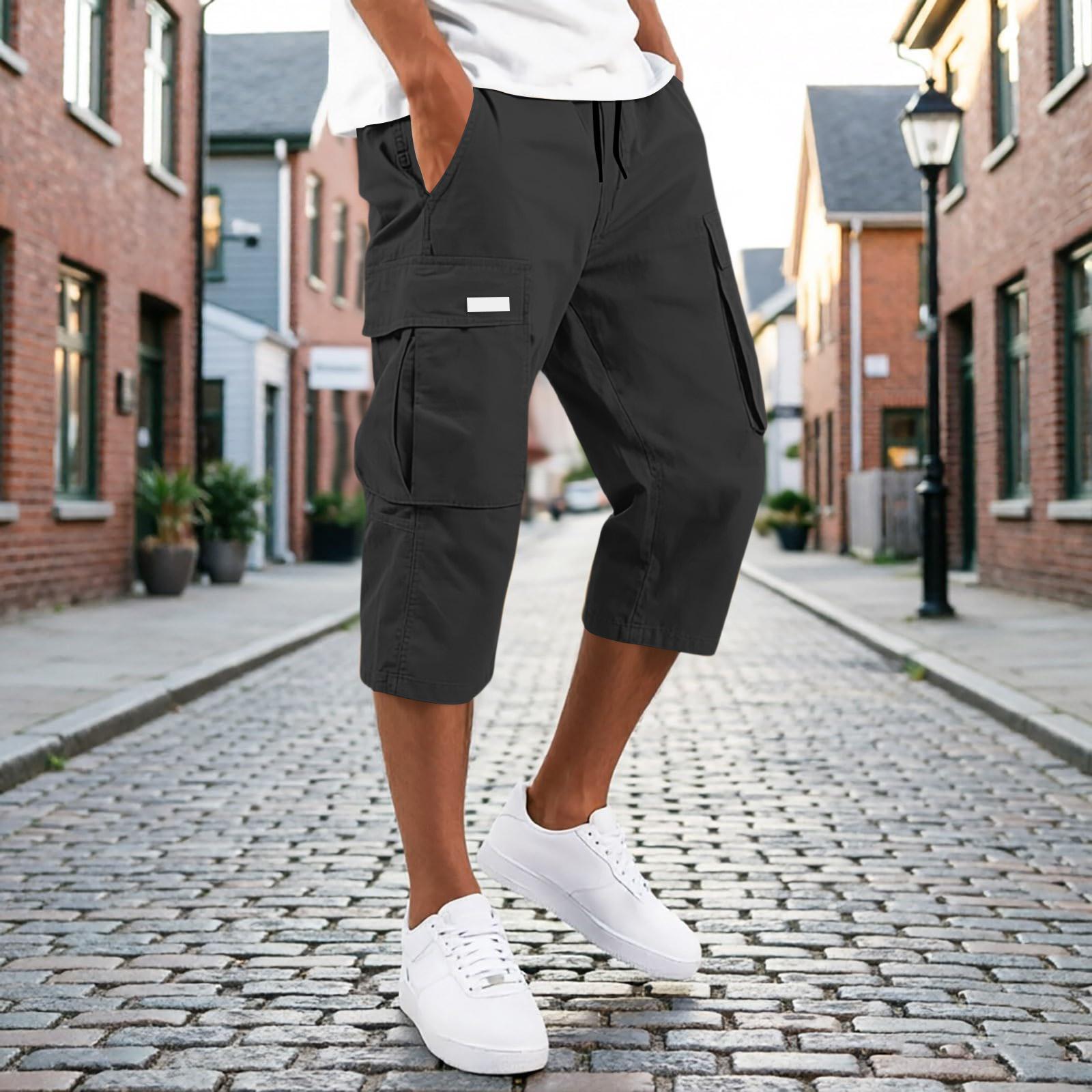 Herren Cargo-Capri-Hose mit Kordelzug und mehreren Taschen, lockere Passform, Dreiviertellänge, lässige Hose für den Alltag XL schwarz