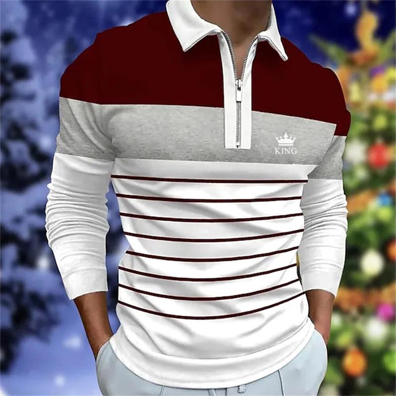 Frühling Herbst Herren Langarmshirts Poloshirt Reißverschluss Poloshirt Herren Casual Poloshirt Mode Streifen Golf Poloshirt S