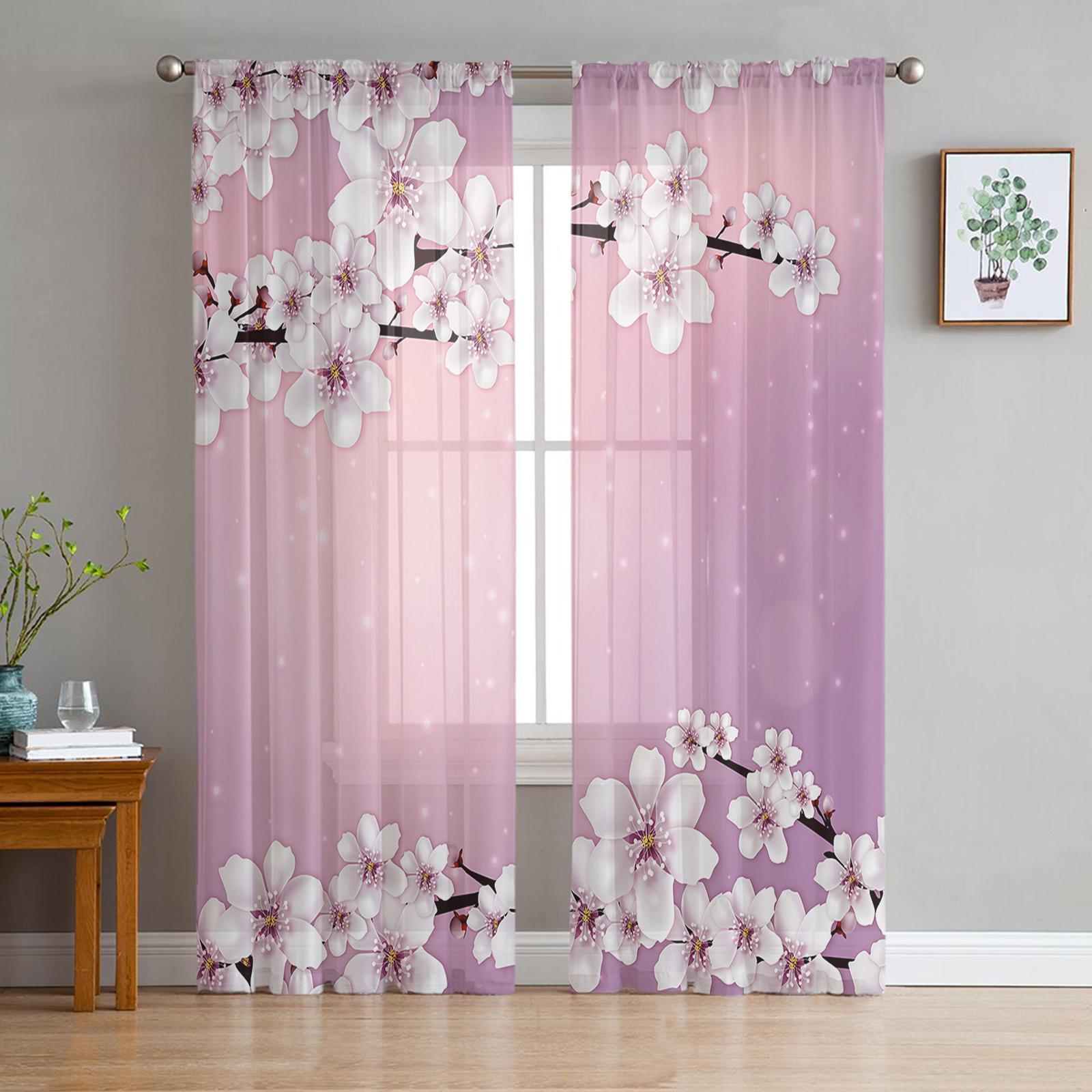 Blume Kirschblüten Baumzweig Farbverlauf Transparente Gardinen für Wohnzimmerdekor Fenstergardinen Küche Tüll Voile Gardinen W135 x H160cm x1 gray