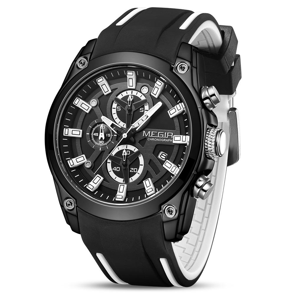 MEGIR 2020 Analoge Quarz-Sport-Armbanduhren, modischer Luxus-Chronograph, leuchtend, mit bequemem Silikonarmband für Herren schwarz weiße