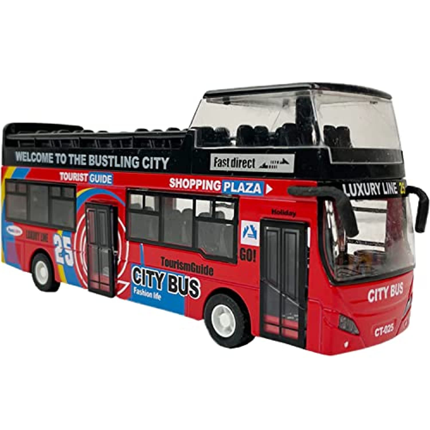 1:Maßstab 32: Druckguss-Sightseeing-Tourbus, Spielzeug-Rückziehfahrzeuge, Mini-Doppeldecker-Touristen-Bus mit offenem Oberdeck, Modellauto mit Lichtern und Musik 1/32-18x7.5x4.5cm rot