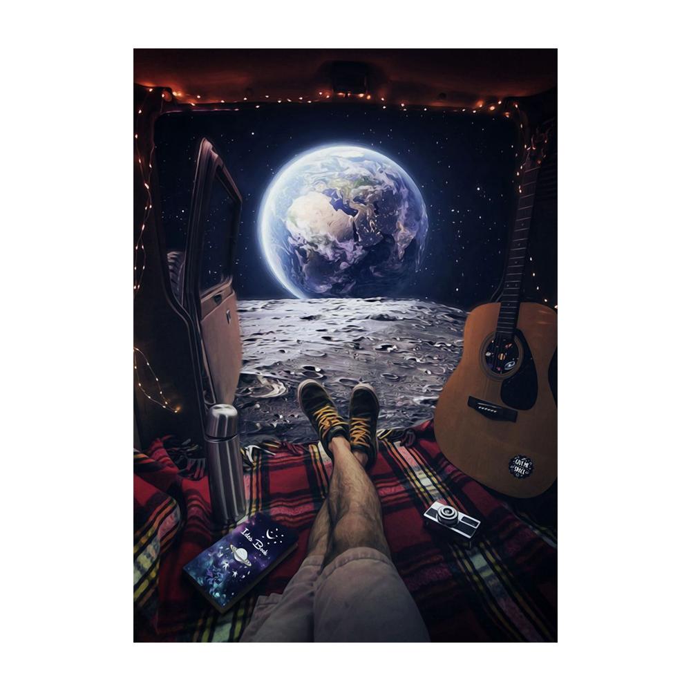 Astronaut trinkt Bier auf dem Mond, während er zusieht, wie die Erde zerstört wird. Moderne Leinwandmalerei, Poster, Drucke, Wohnzimmer, Wandkunst, Bilder, moderne Heimdekoration 50x70cm No Frame grau