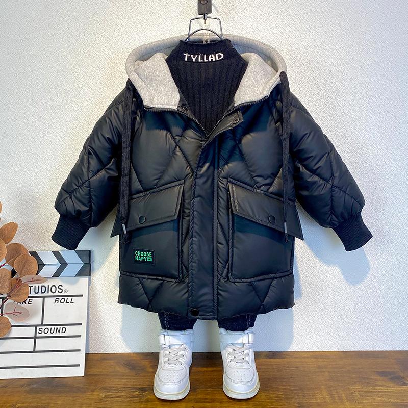 Winter Oberbekleidung für Jungen, dicke warme Mäntel, Kinder, plus Samtjacken, mit Kapuze, Trends, Mantel, Teenager, lässig, winddicht, Parkas 130 schwarz