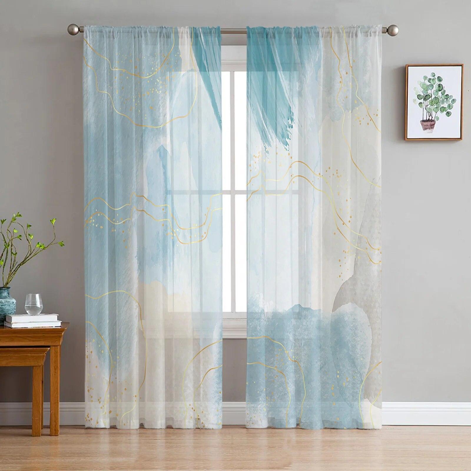 Marmor Linie Gold Gradienten Überlappung Blau Schlafzimmer Transparent Gardinen Urlaub Dekoration Fenster Voile Tüll Vorhang 135W x 114H(cm)